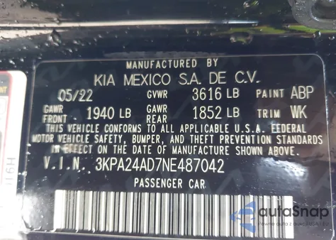 2022 Kia Rio Lx from USA, damaged, VIN 3KPA24AD7NE487042